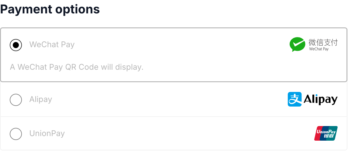 WeChat Pay, Alipay and UnionPay payment options at a real WooCommerce checkout